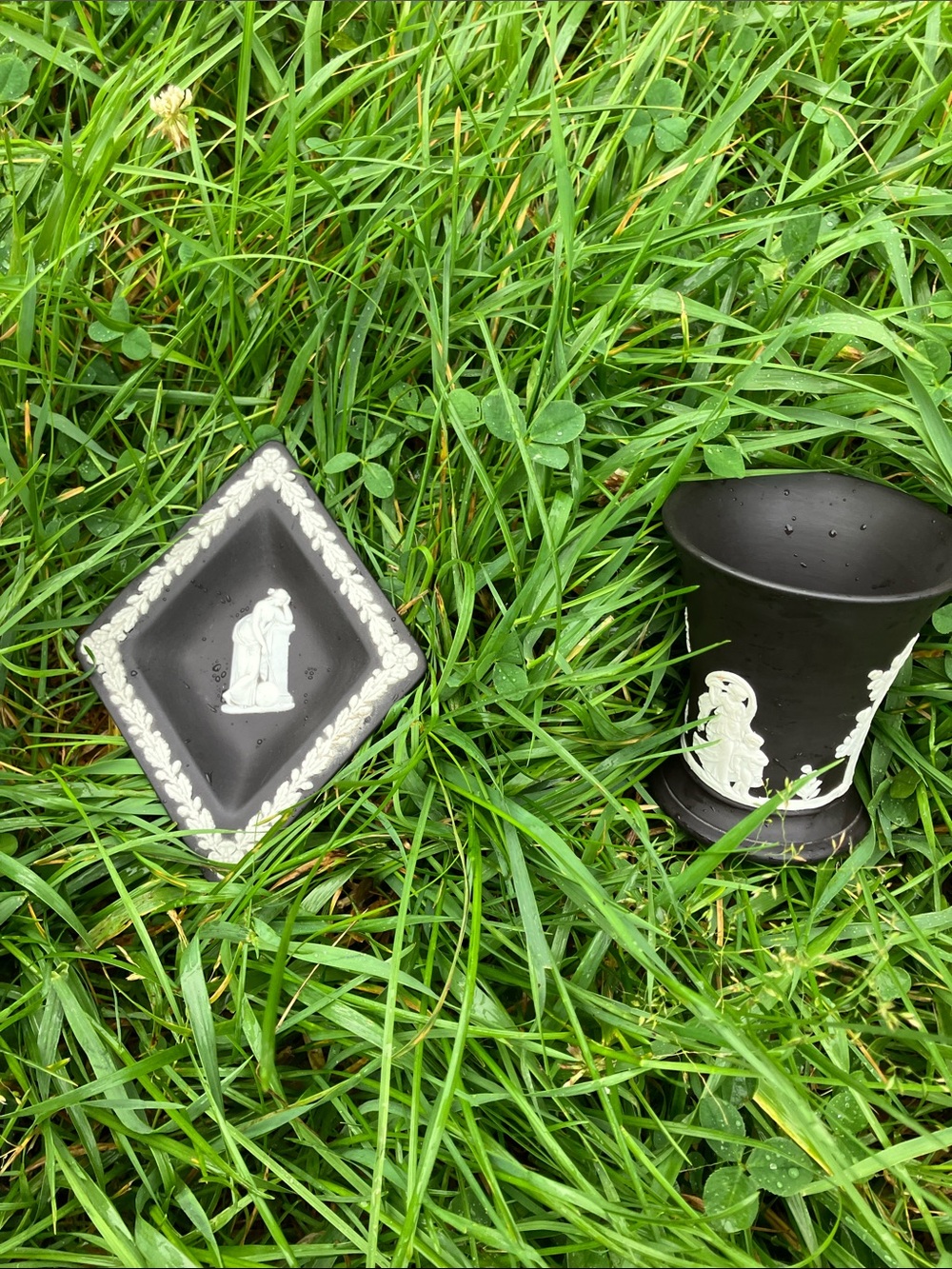Vintage (60’s) Wedgwood Black and White Jasperware Vase and Square Dish Set